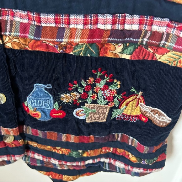 Vintage Patchwork Autumn Button Vest Medium M Apples Pumpkins Fall - Picture 6 of 7